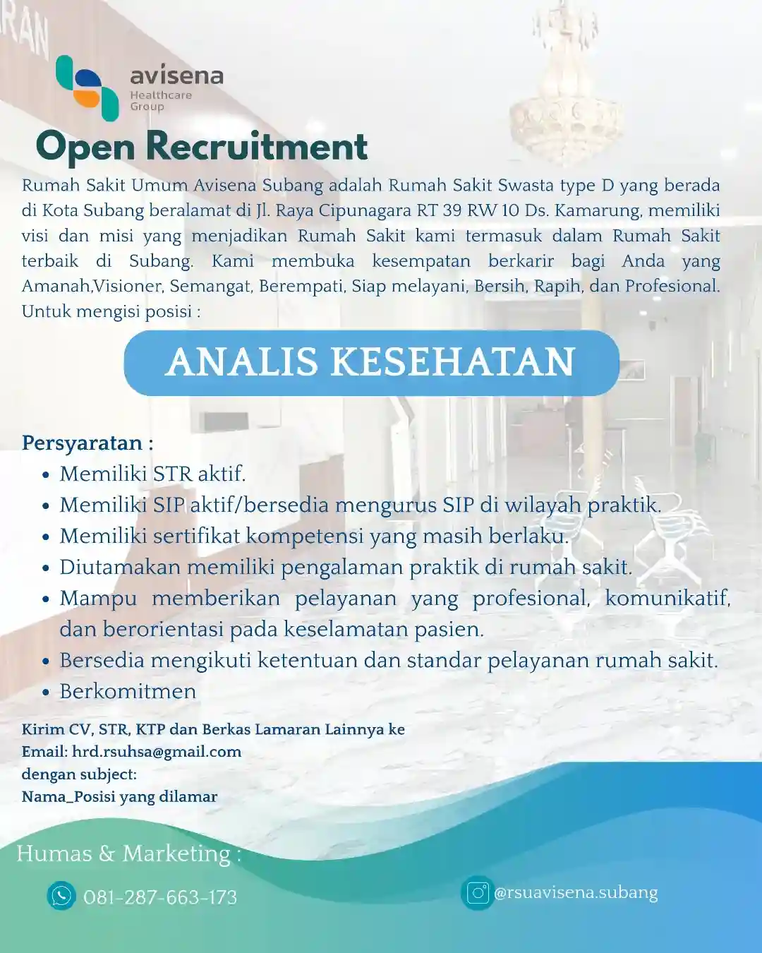 Lowongan Kerja RSU Avisena Subang Terbaru 2026